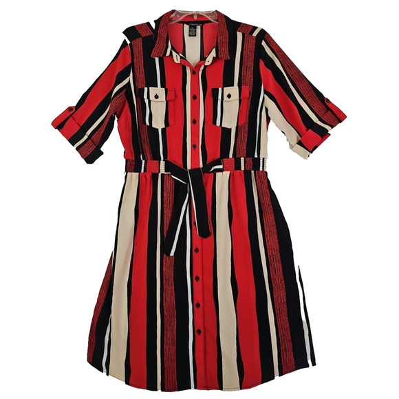 Millenium~Size XL~Red/Multicolor Striped Short Sleeve Button Dress Elastic Waist - Picture 5 of 13